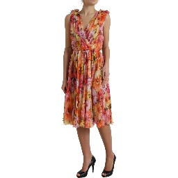 Multicolor Sunflower Print Silk Midi Dress