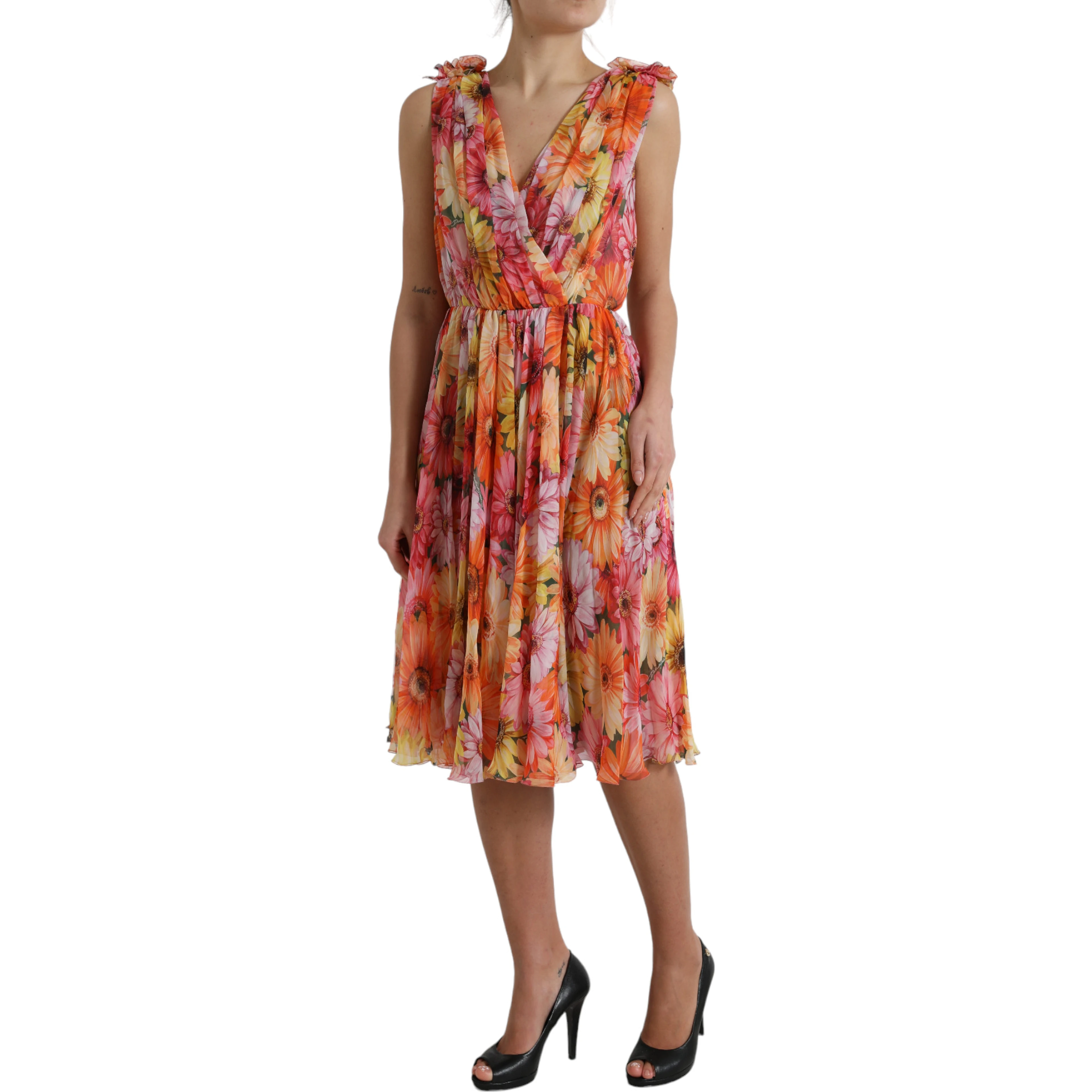 Multicolor Sunflower Print Silk Midi Dress