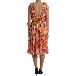 Multicolor Sunflower Print Silk Midi Dress