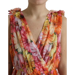 Multicolor Sunflower Print Silk Midi Dress