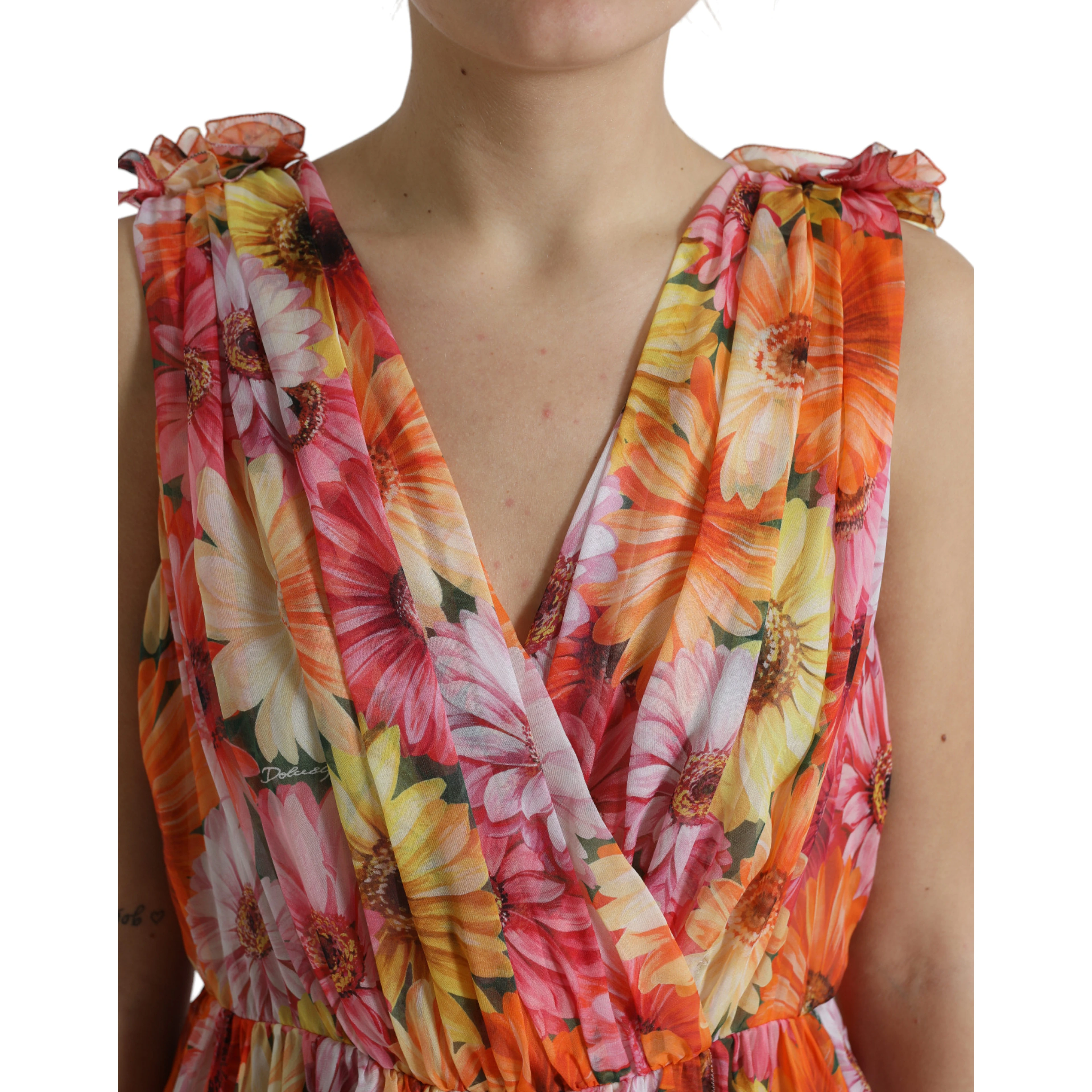 Multicolor Sunflower Print Silk Midi Dress