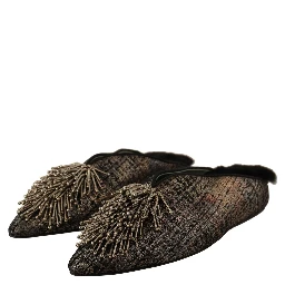 Gold Jacquard Leather Embellished Slip On Shoes