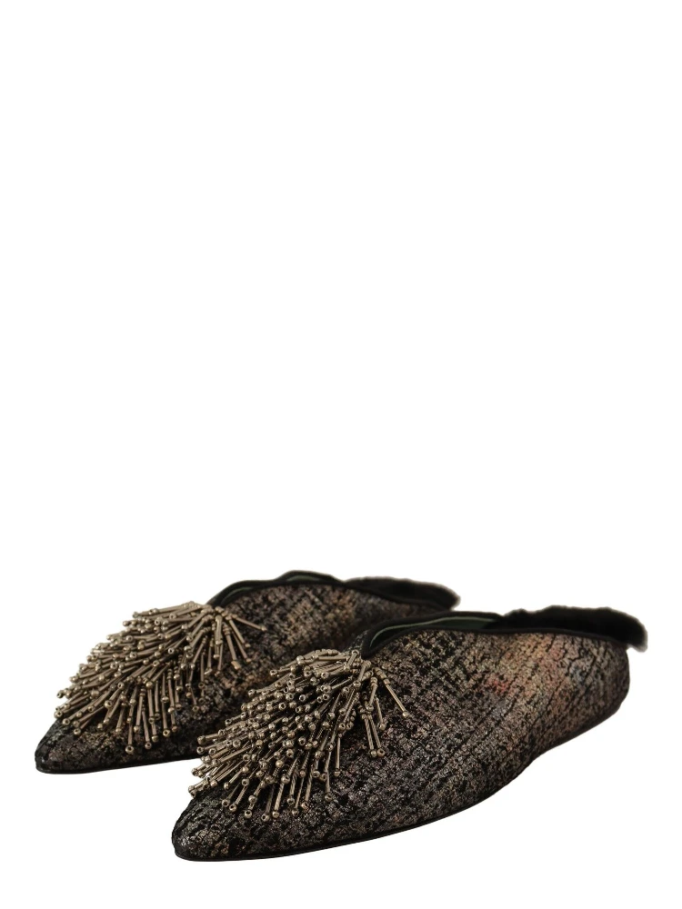 Gold Jacquard Leather Embellished Slip On Shoes