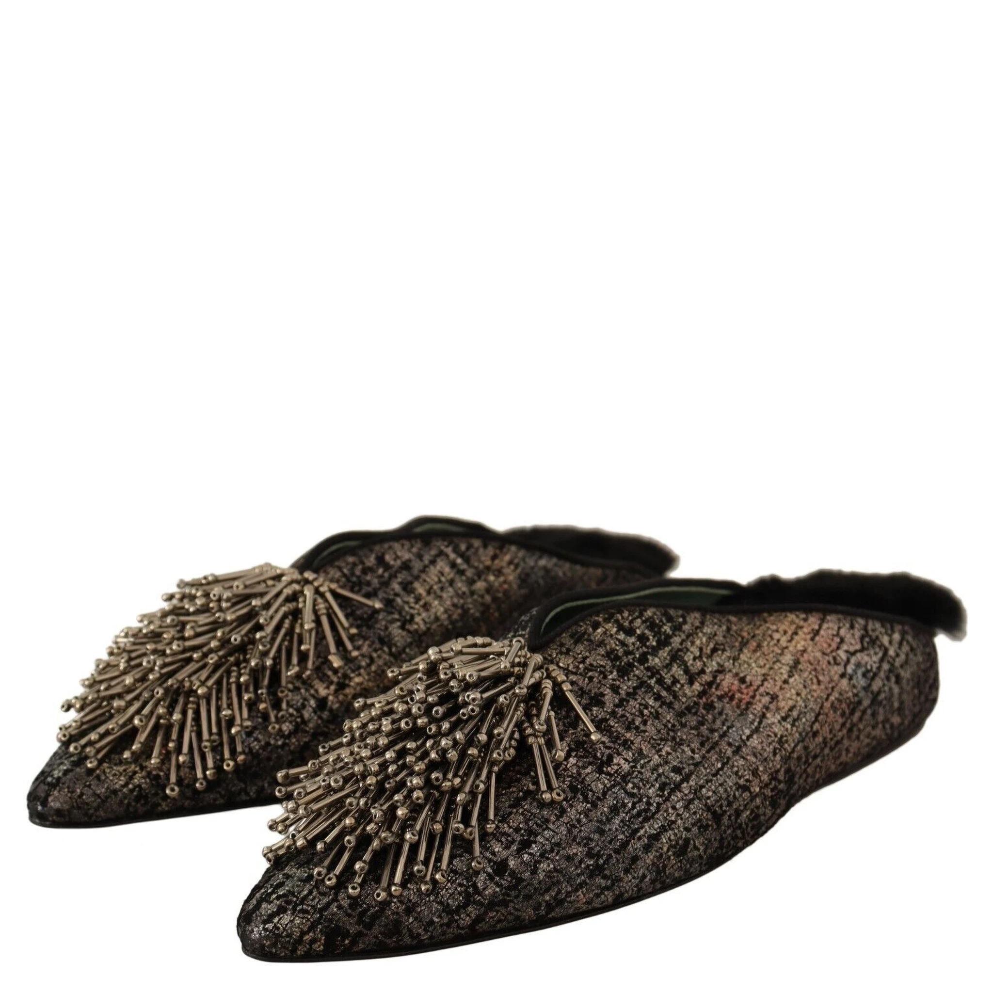 Gold Jacquard Leather Embellished Slip On Shoes