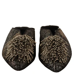 Gold Jacquard Leather Embellished Slip On Shoes