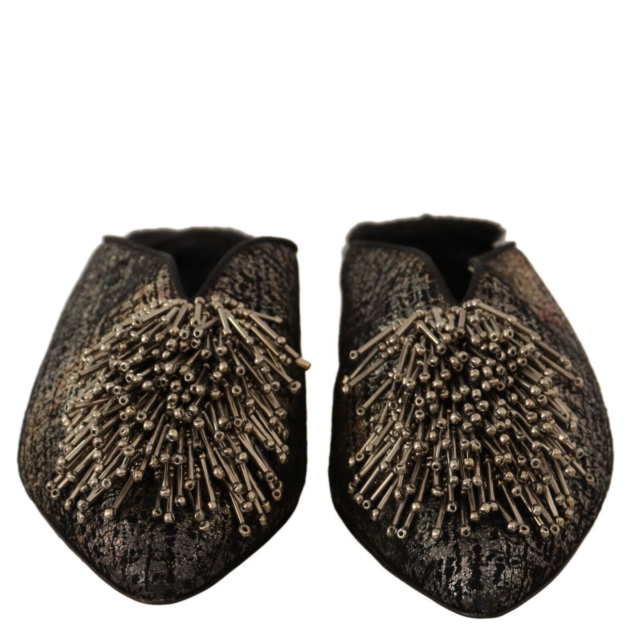 Gold Jacquard Leather Embellished Slip On Shoes