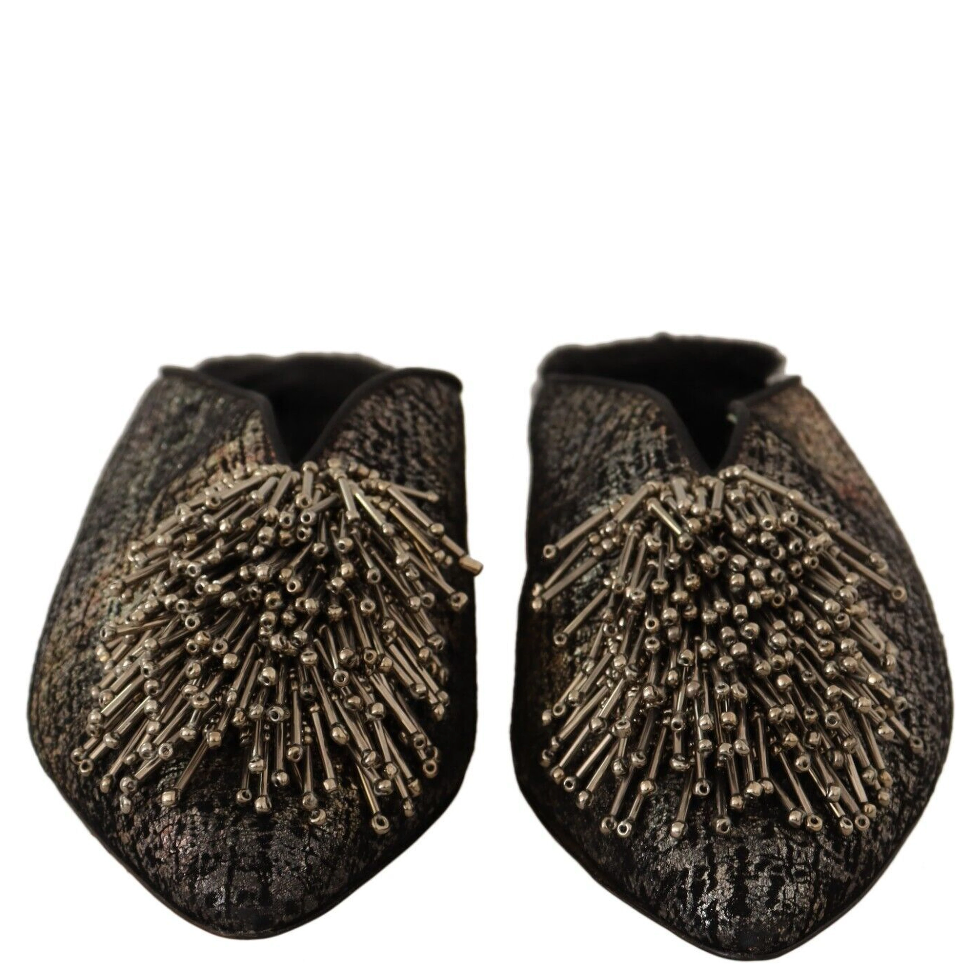 Gold Jacquard Leather Embellished Slip On Shoes