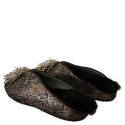 Gold Jacquard Leather Embellished Slip On Shoes