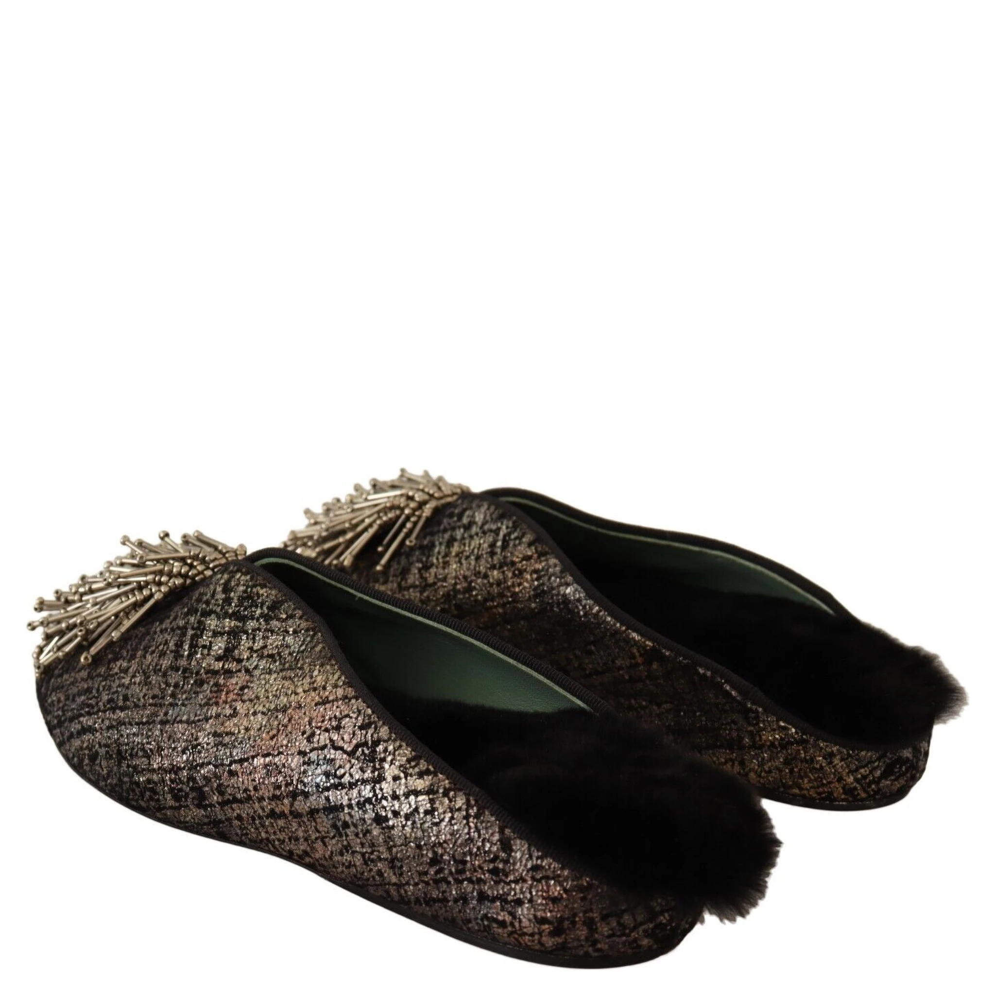 Gold Jacquard Leather Embellished Slip On Shoes