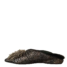 Gold Jacquard Leather Embellished Slip On Shoes