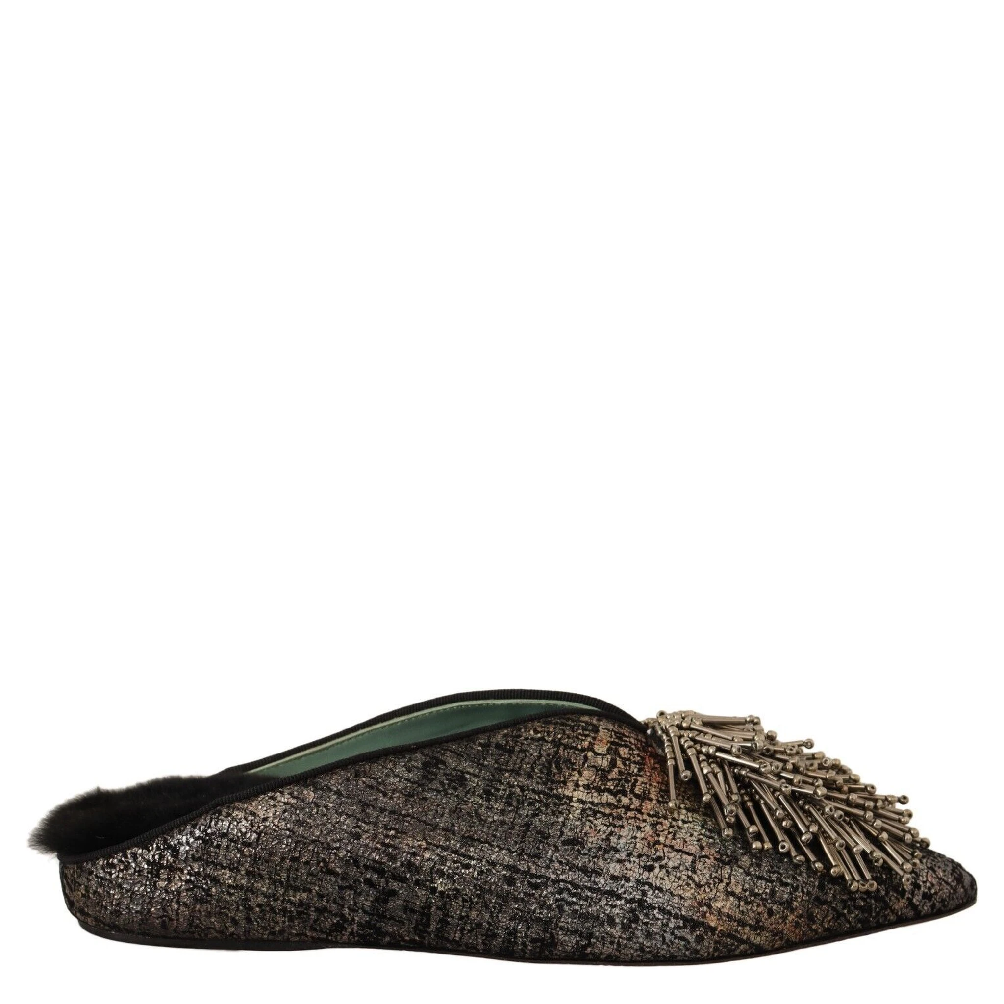 Gold Jacquard Leather Embellished Slip On Shoes