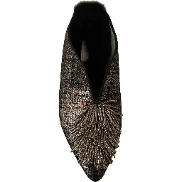 Gold Jacquard Leather Embellished Slip On Shoes