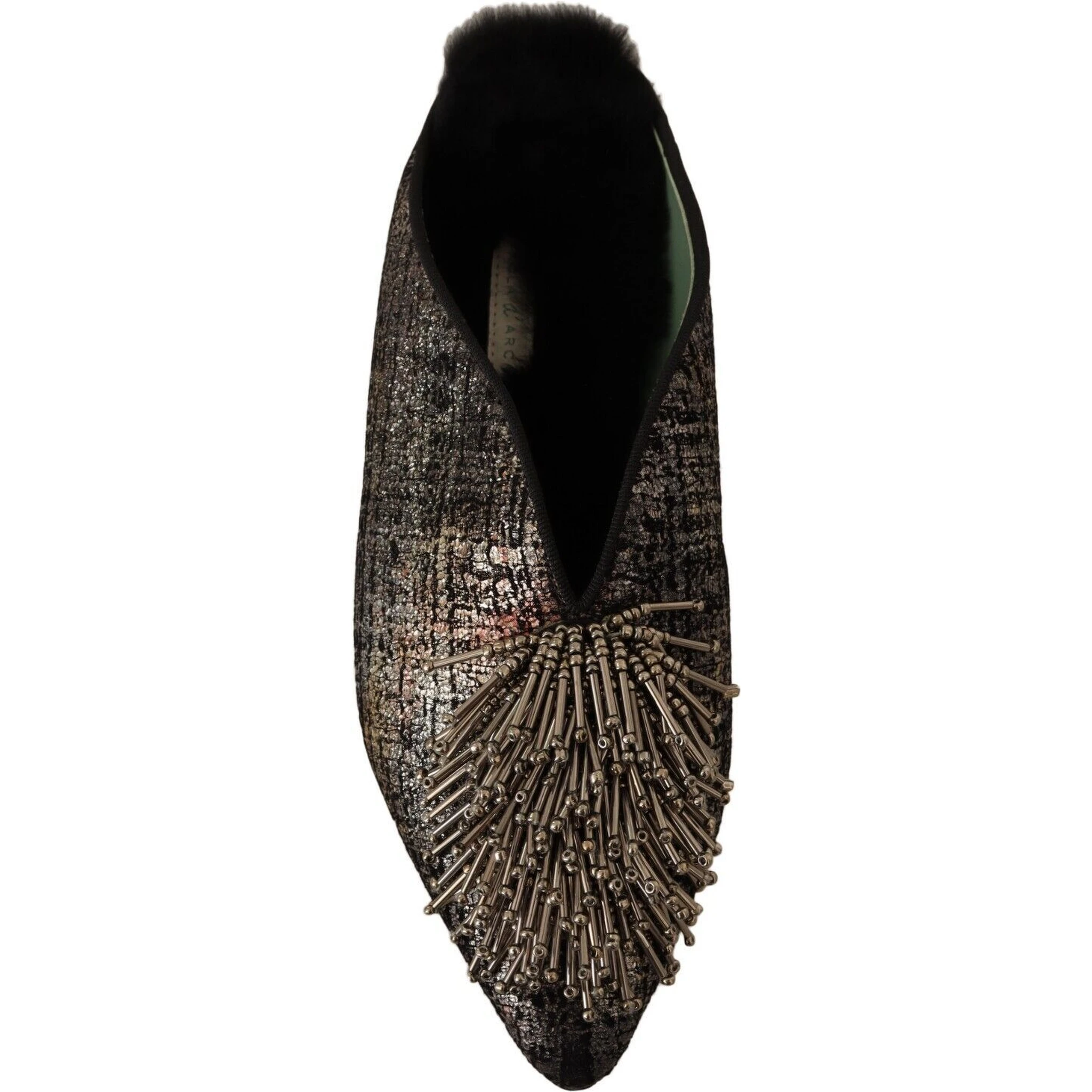 Gold Jacquard Leather Embellished Slip On Shoes