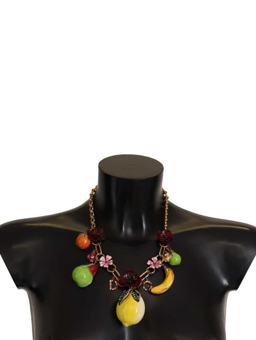 Gold Brass Sicily Fruits Roses Statement Necklace