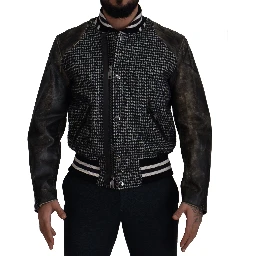 Black Houndstooth Polyester Bomber Jacket
