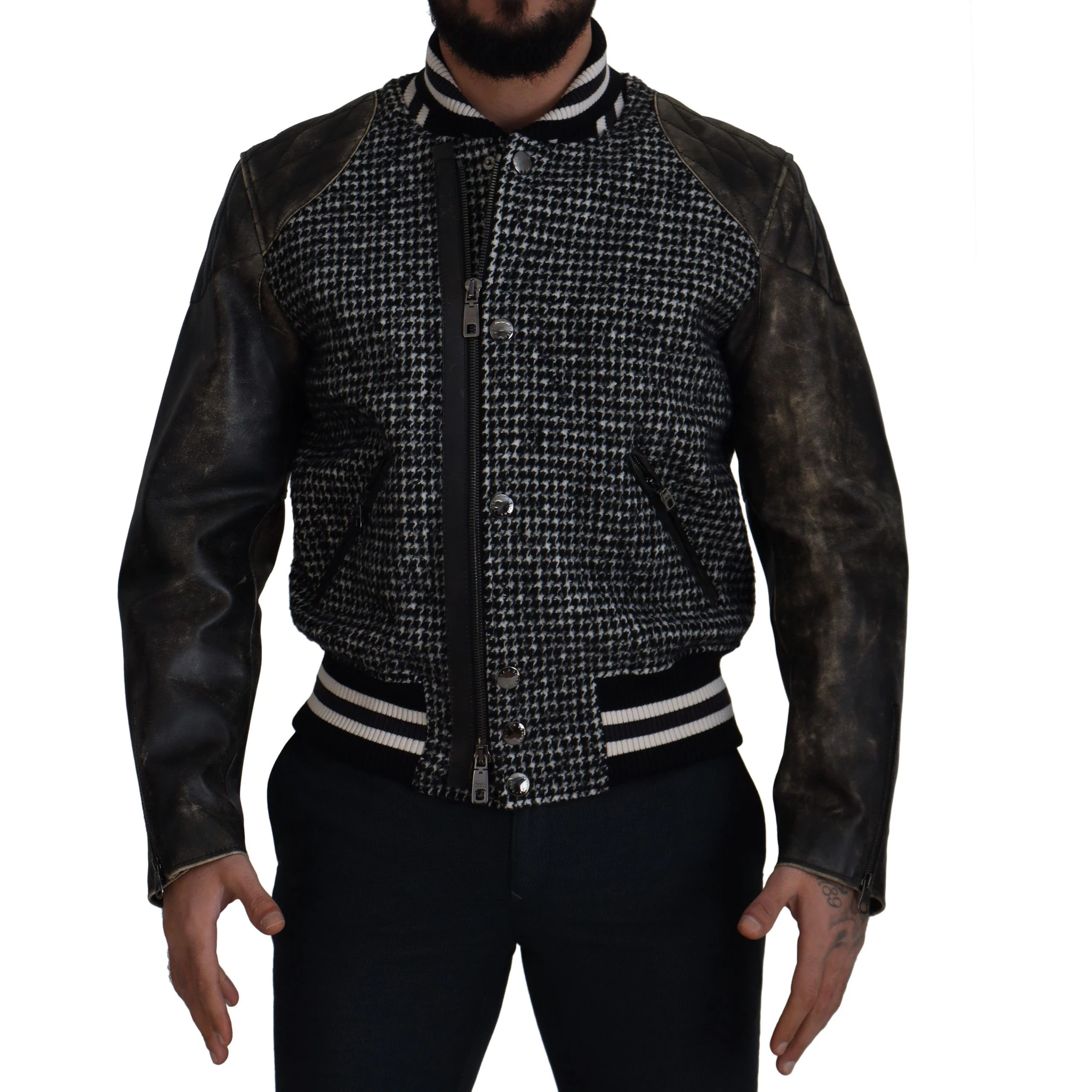 Black Houndstooth Polyester Bomber Jacket