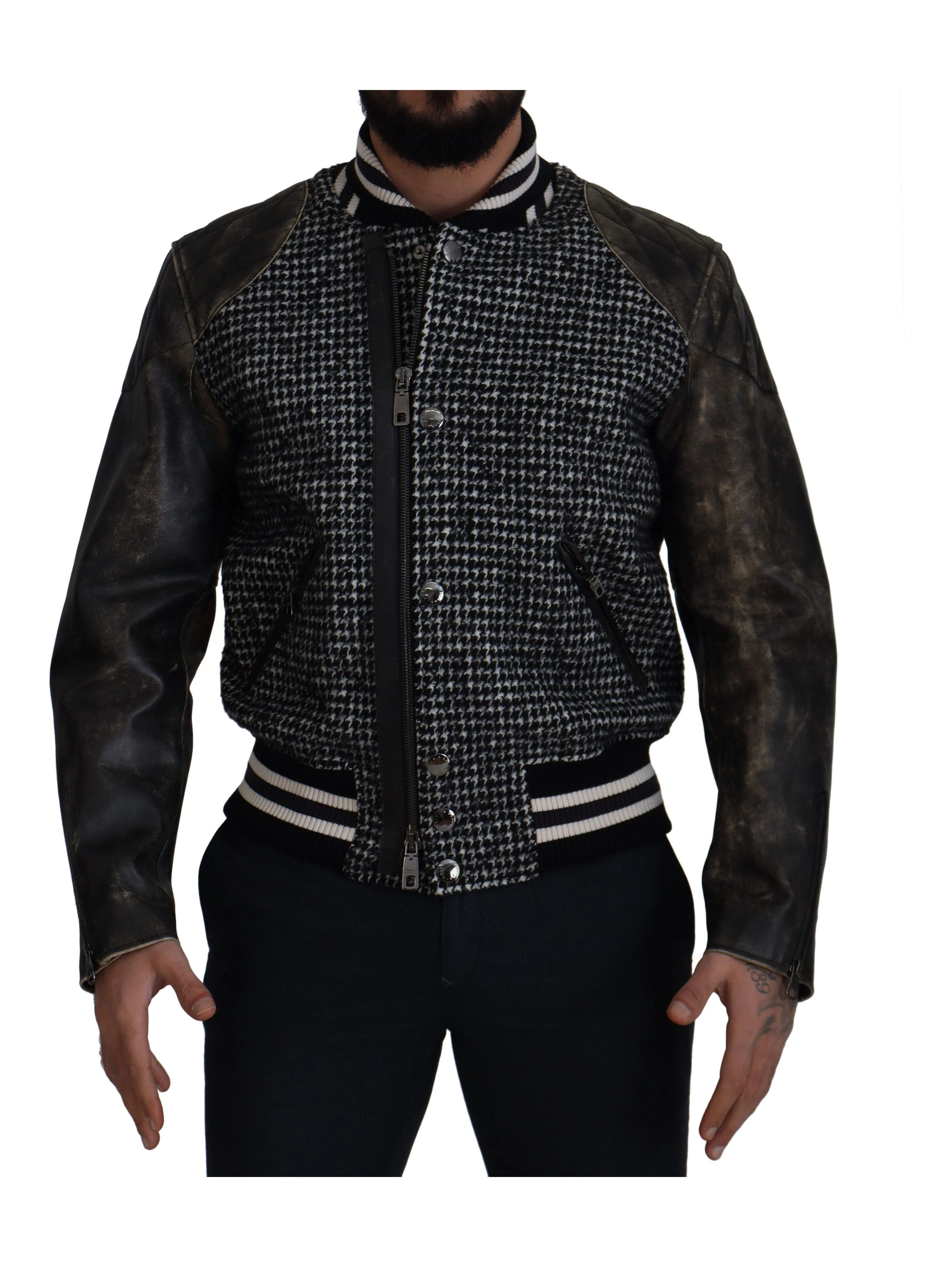 Black Houndstooth Polyester Bomber Jacket
