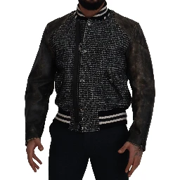 Black Houndstooth Polyester Bomber Jacket
