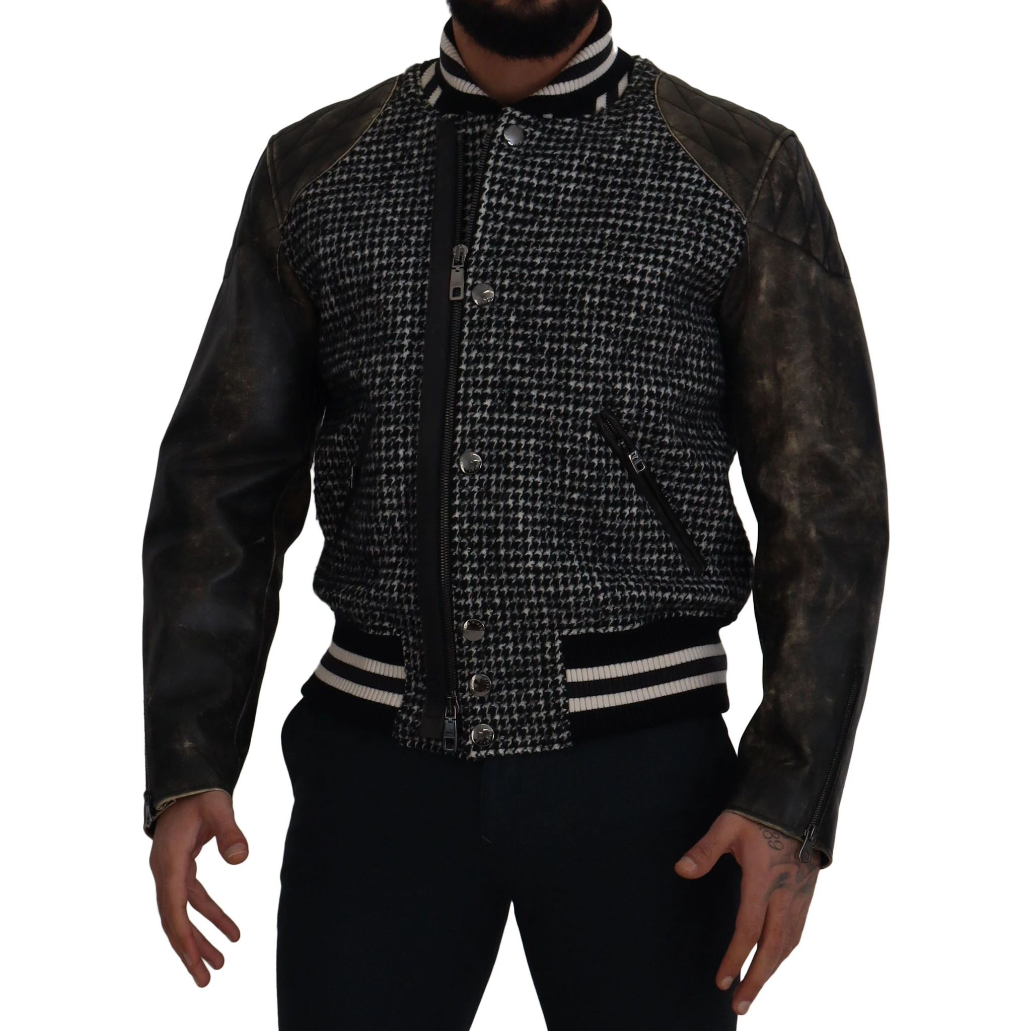 Black Houndstooth Polyester Bomber Jacket