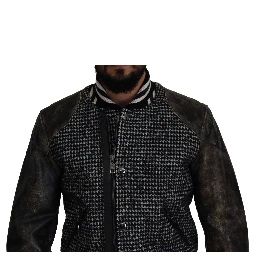 Black Houndstooth Polyester Bomber Jacket