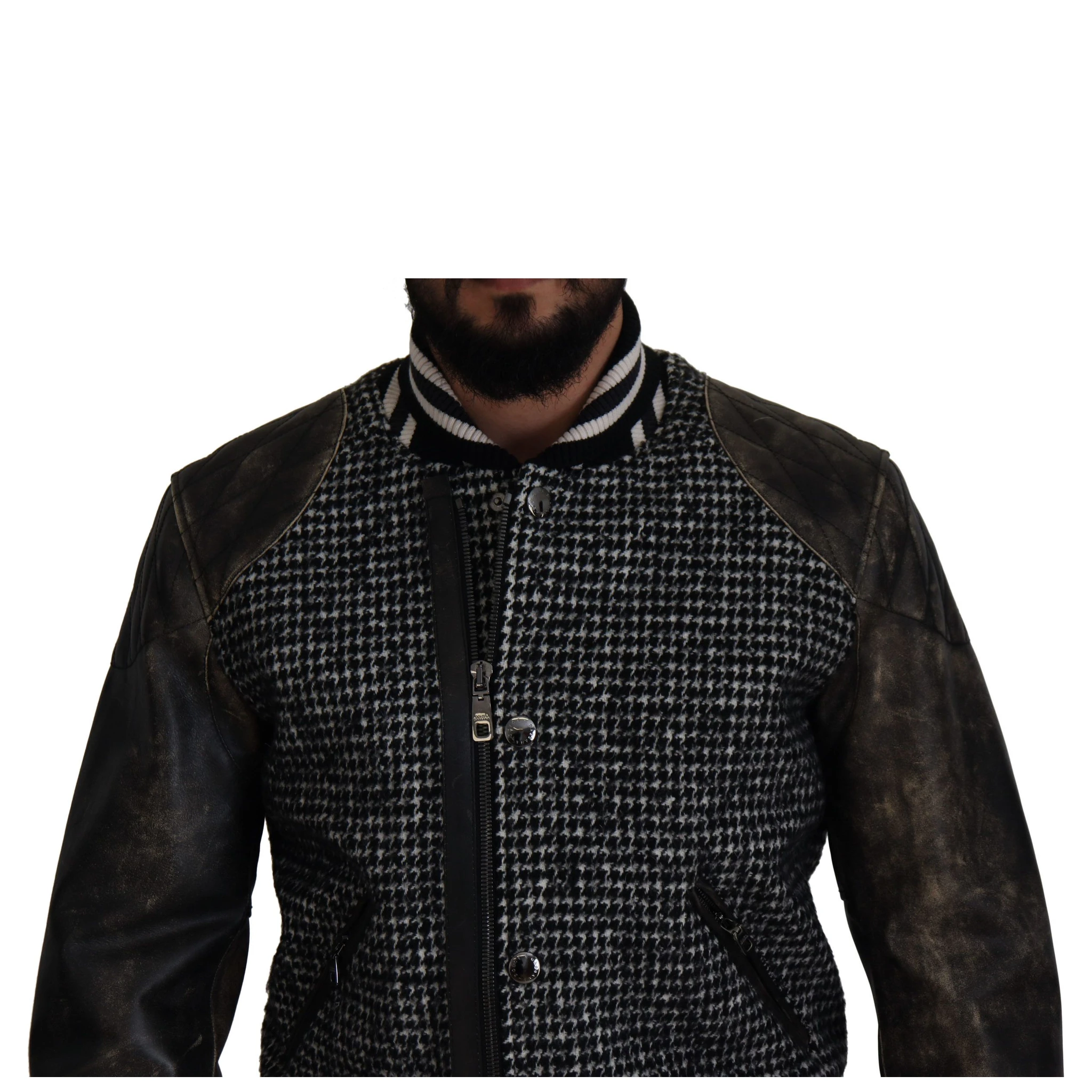 Black Houndstooth Polyester Bomber Jacket