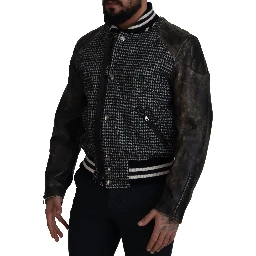 Black Houndstooth Polyester Bomber Jacket