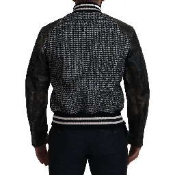 Black Houndstooth Polyester Bomber Jacket