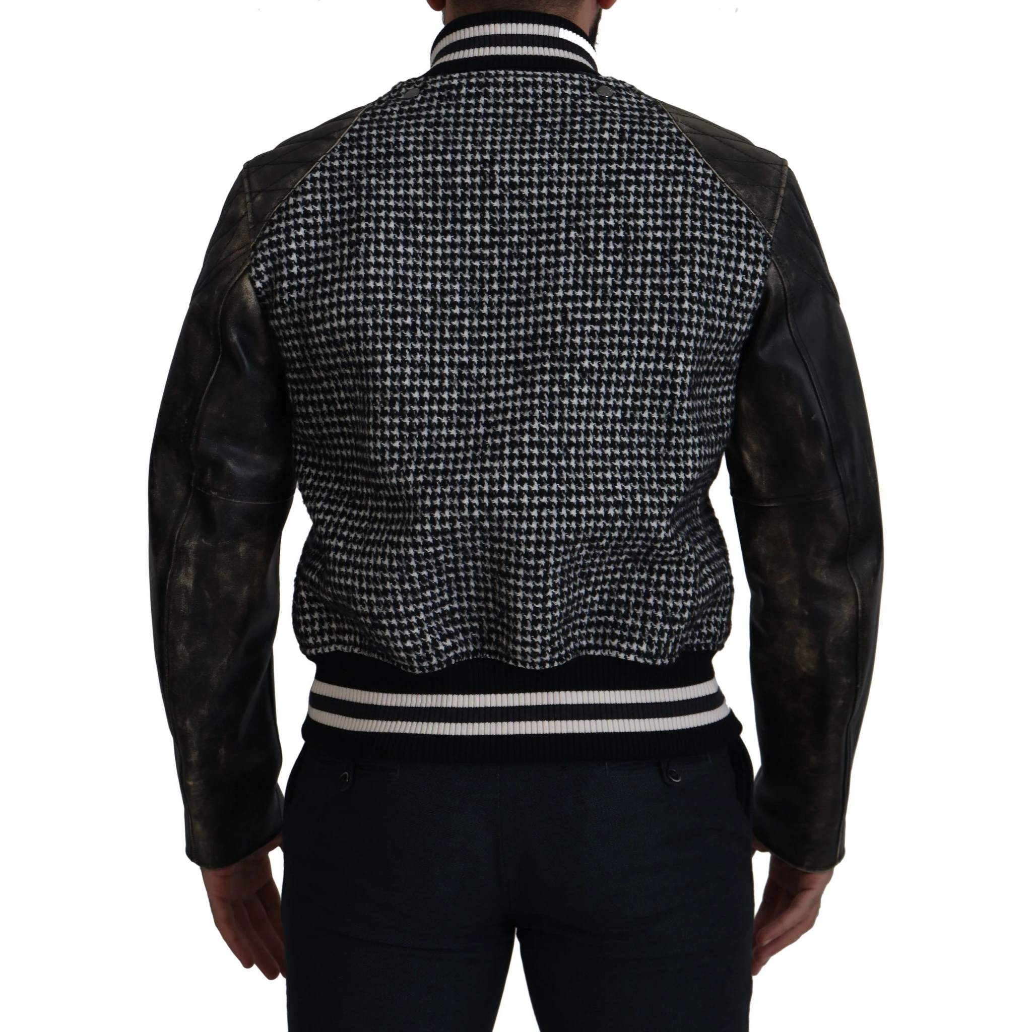 Black Houndstooth Polyester Bomber Jacket
