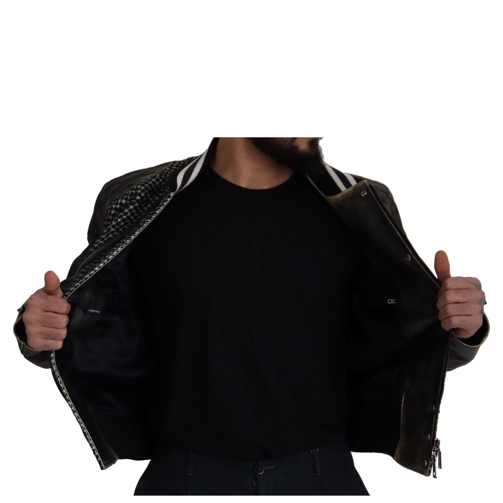 Black Houndstooth Polyester Bomber Jacket