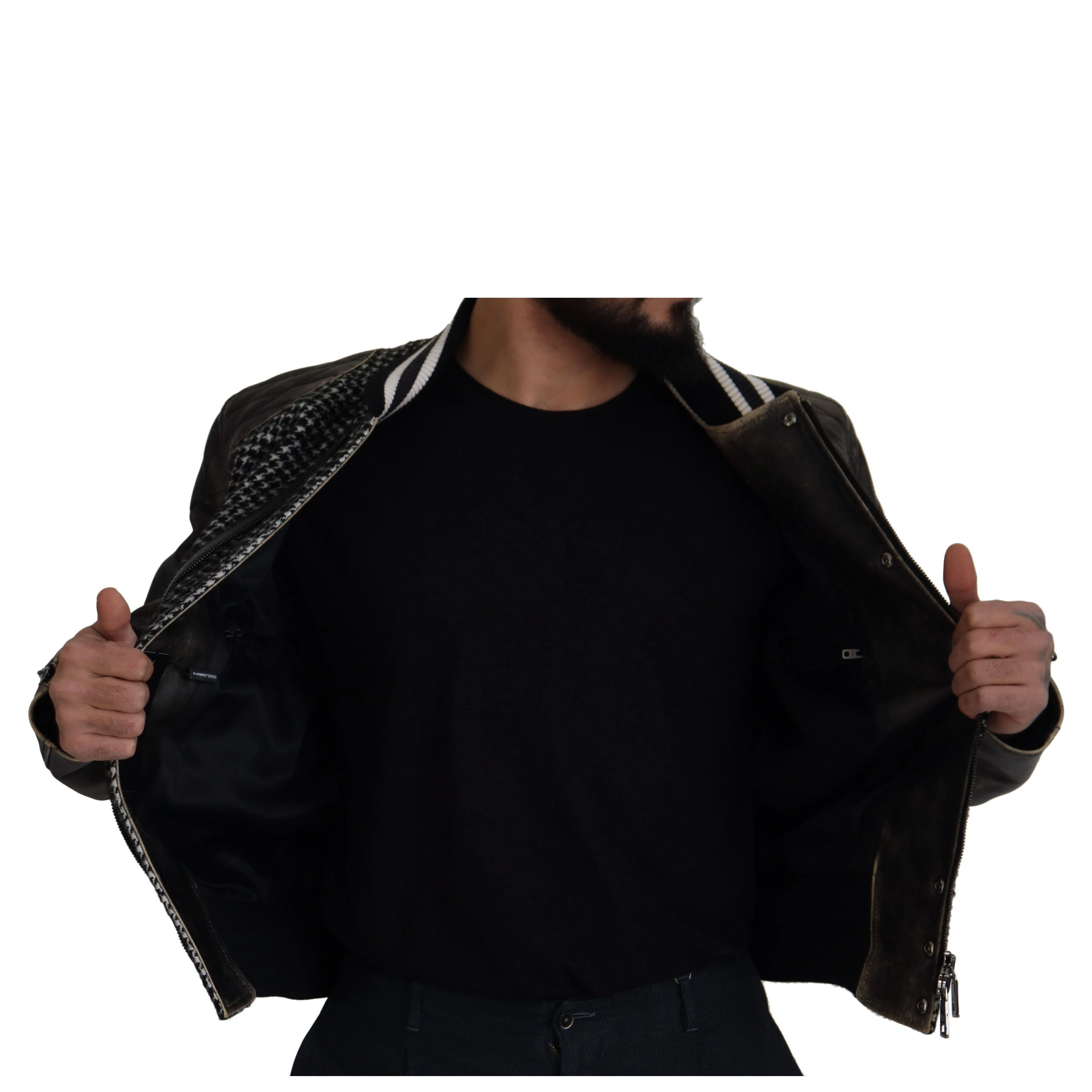 Black Houndstooth Polyester Bomber Jacket
