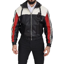 Black Leather Hooded Blouson Coat Jacket