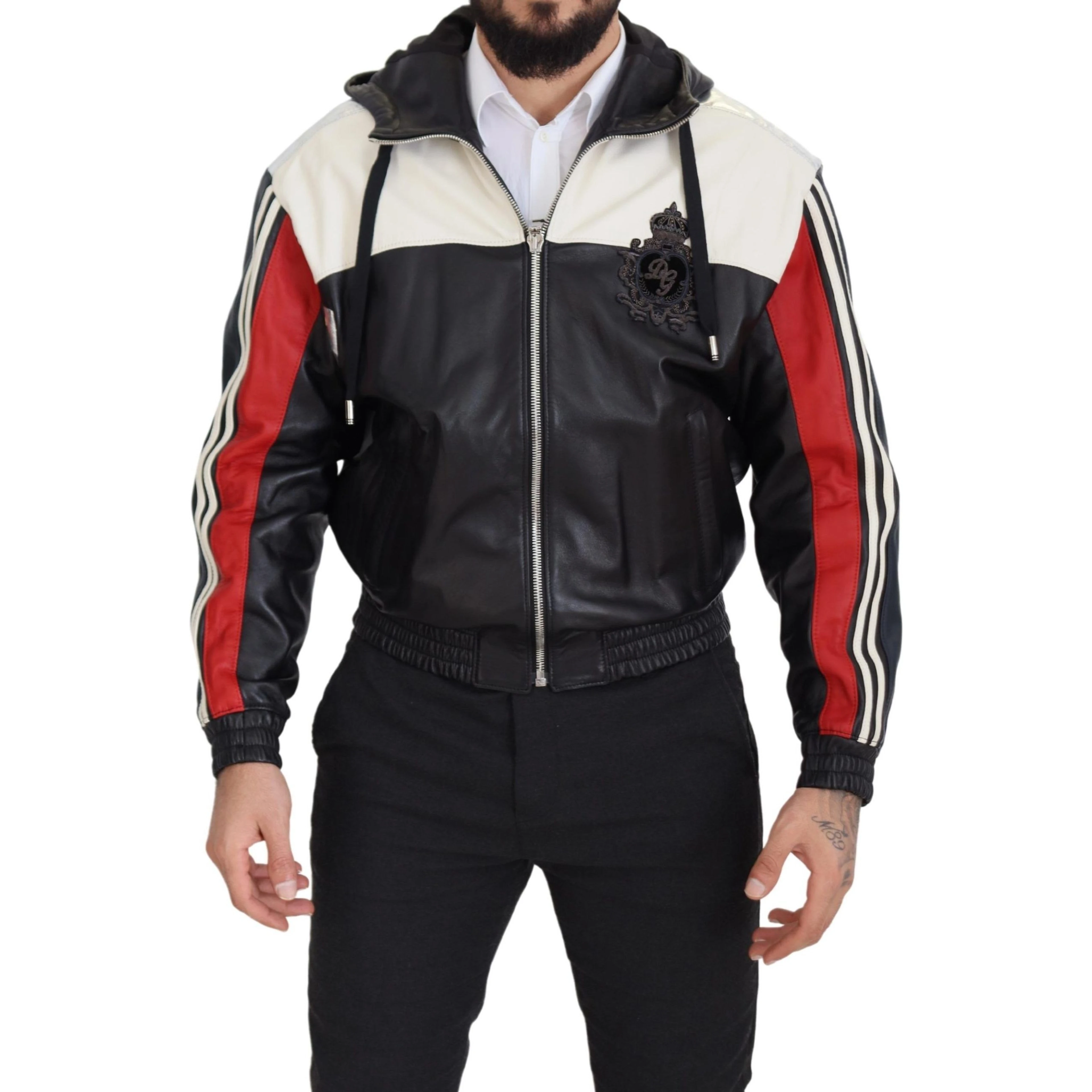 Black Leather Hooded Blouson Coat Jacket
