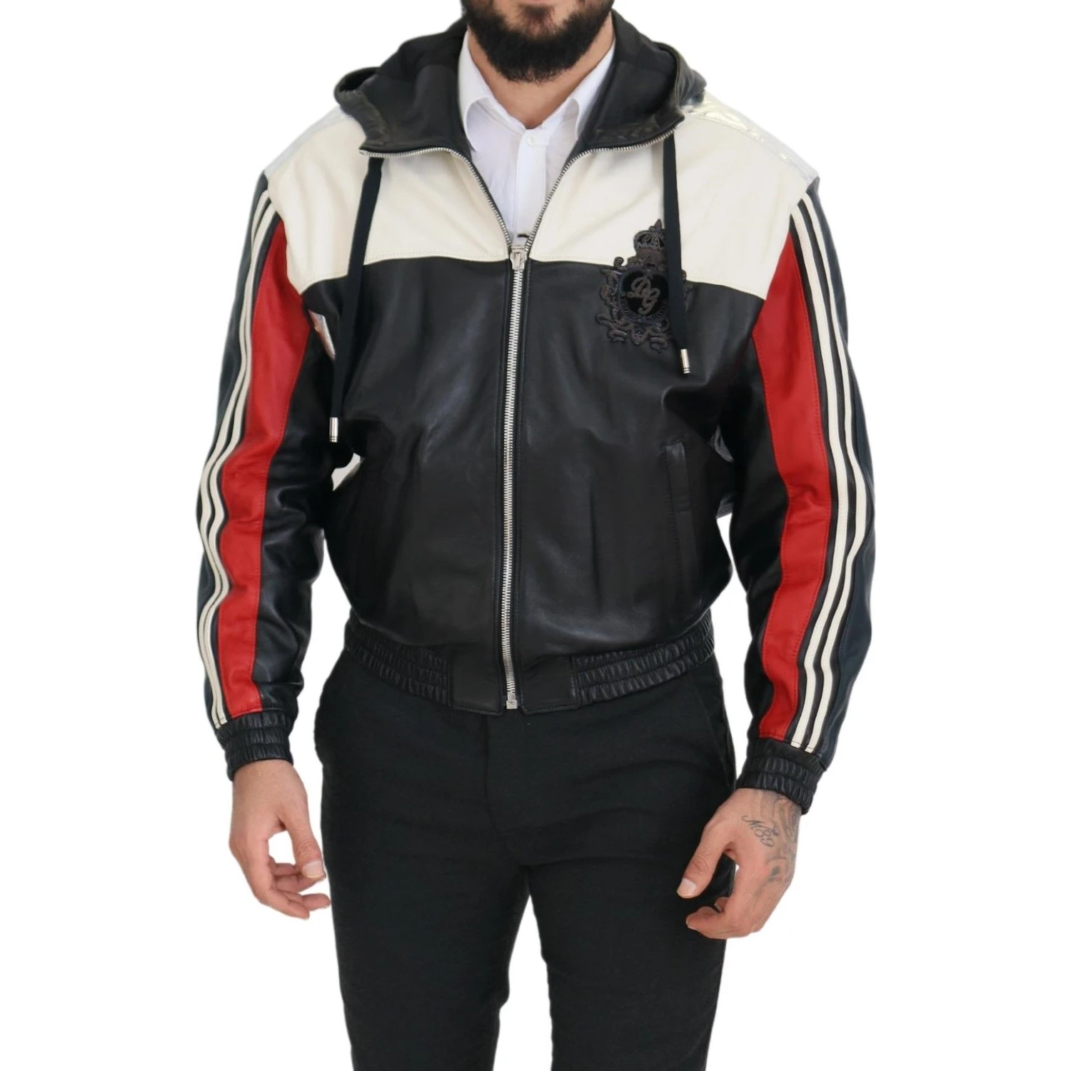 Black Leather Hooded Blouson Coat Jacket