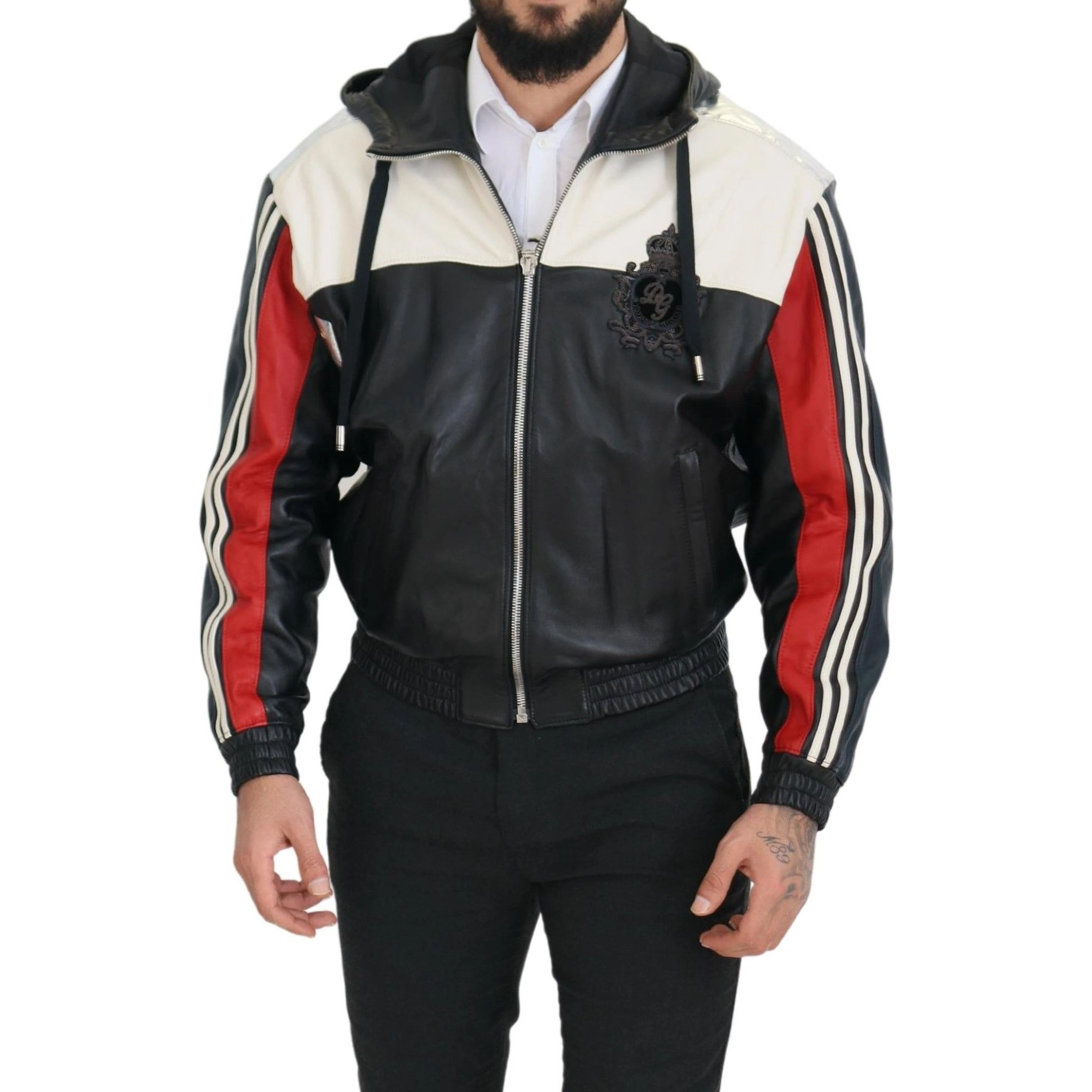 Black Leather Hooded Blouson Coat Jacket