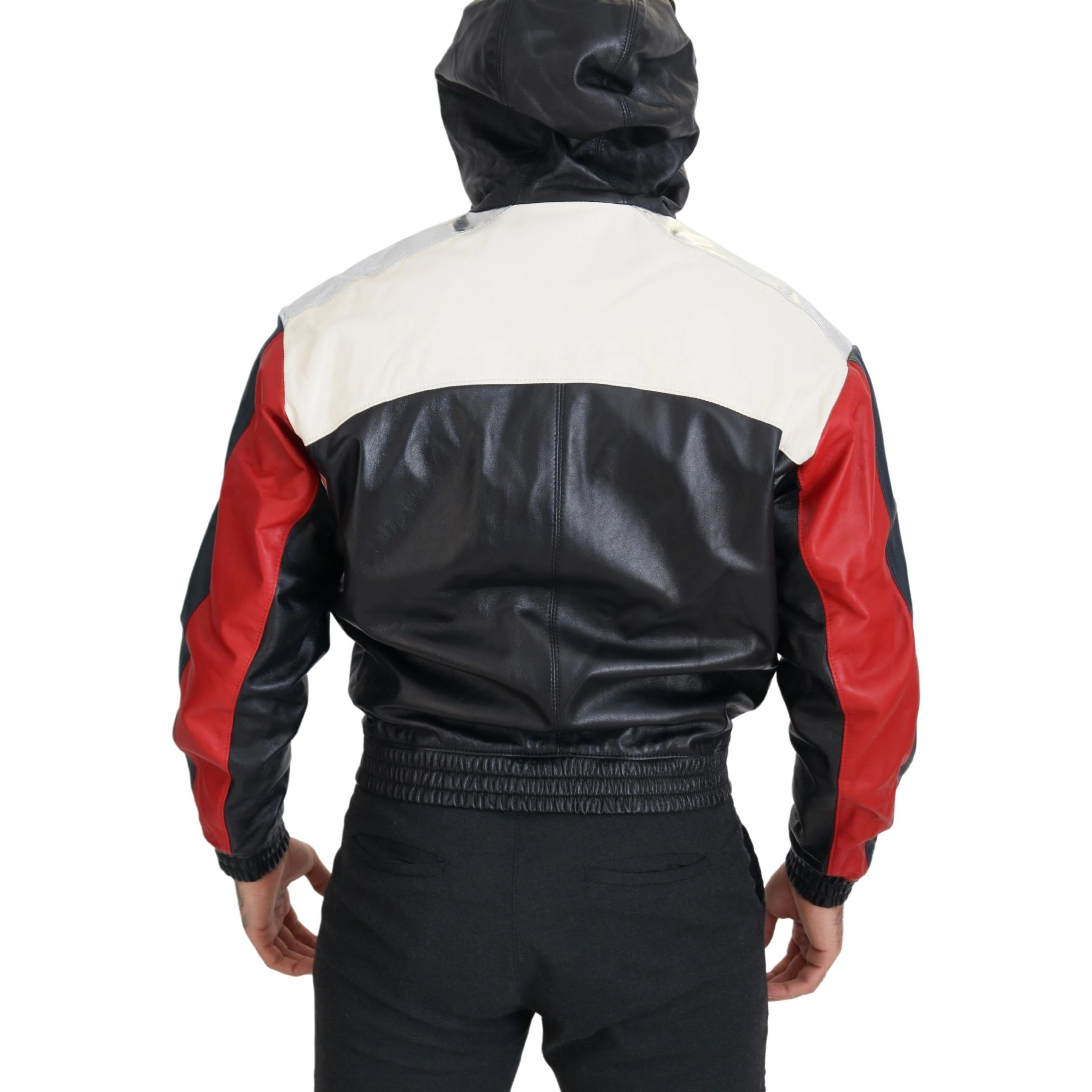 Black Leather Hooded Blouson Coat Jacket