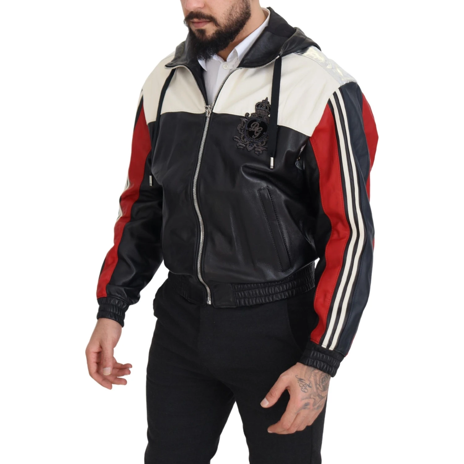 Black Leather Hooded Blouson Coat Jacket