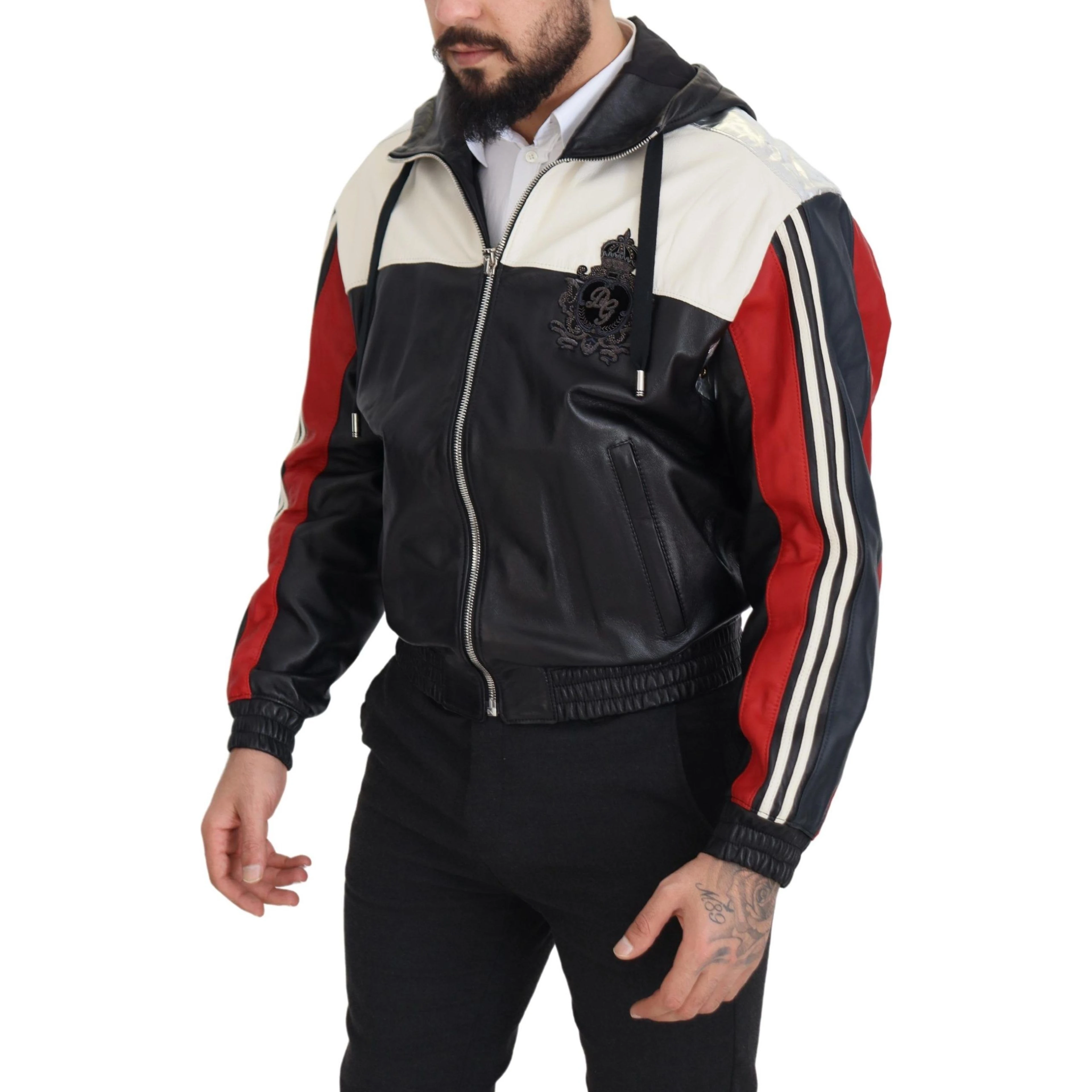 Black Leather Hooded Blouson Coat Jacket