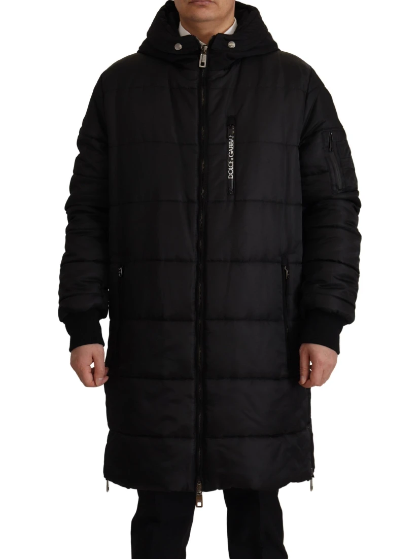 Black Nylon Hooded Parka Coat Winter Jacket