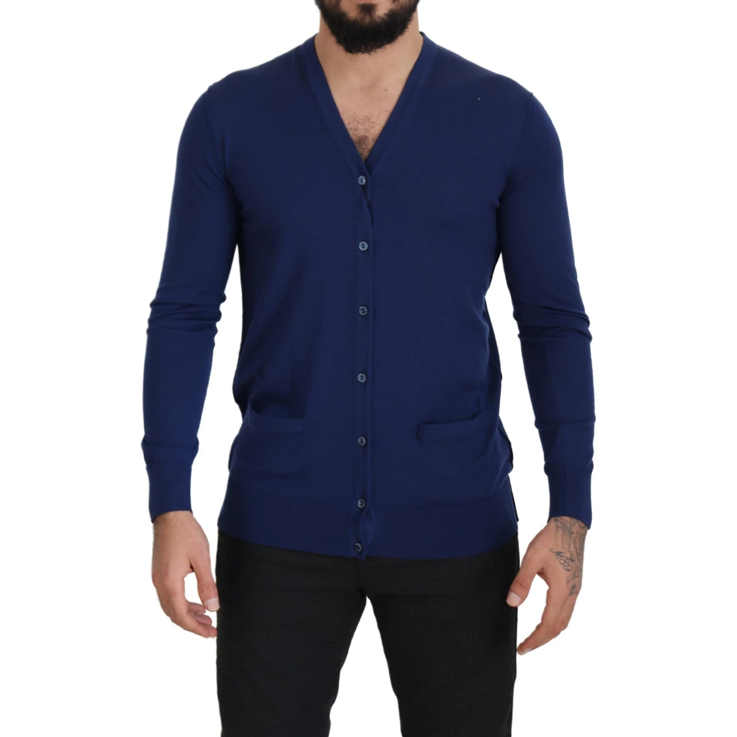 Blue Wool V-neck Button Down Cardigan Sweater