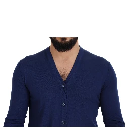 Blue Wool V-neck Button Down Cardigan Sweater