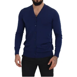 Blue Wool V-neck Button Down Cardigan Sweater