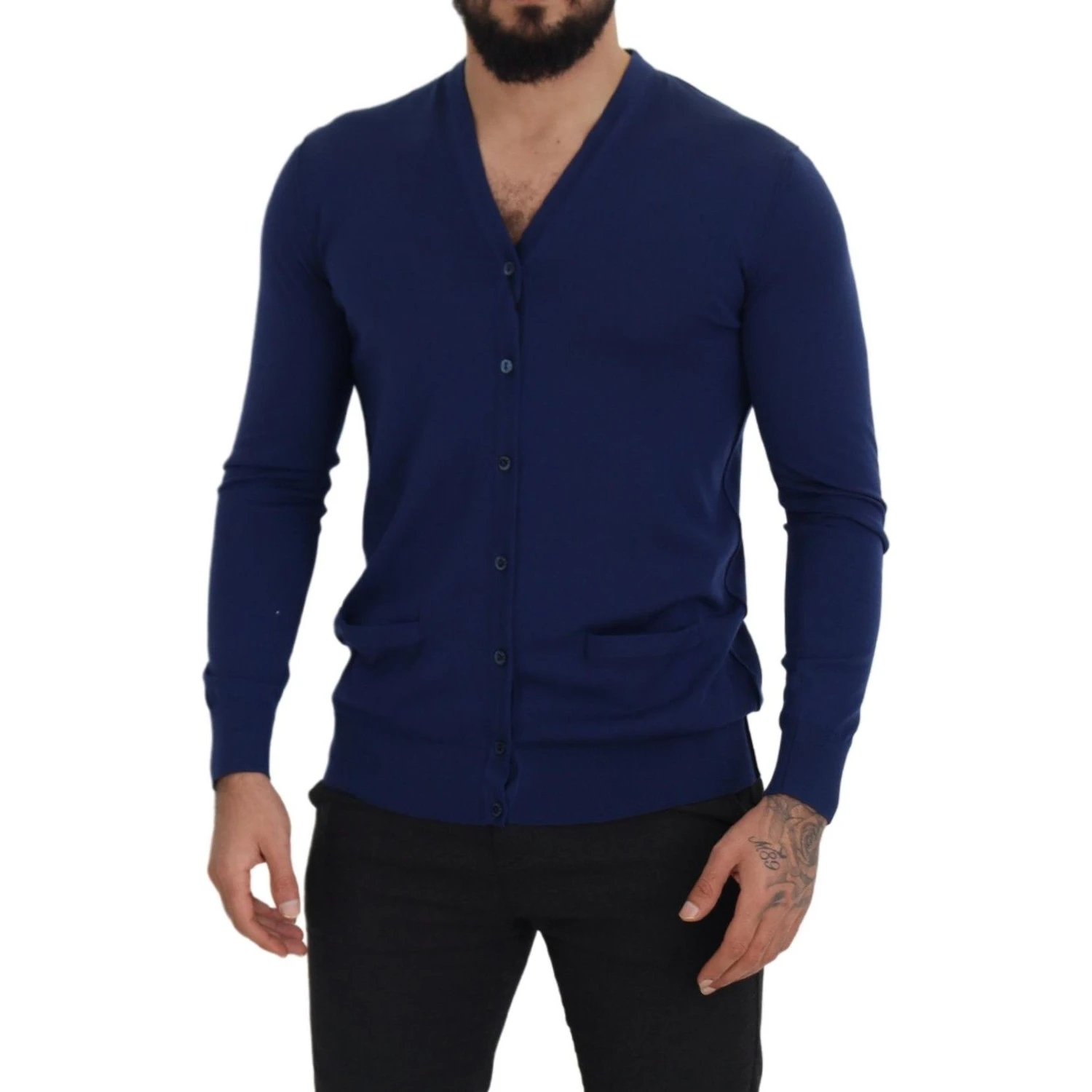 Blue Wool V-neck Button Down Cardigan Sweater