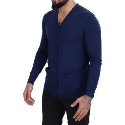 Blue Wool V-neck Button Down Cardigan Sweater