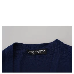 Blue Wool V-neck Button Down Cardigan Sweater