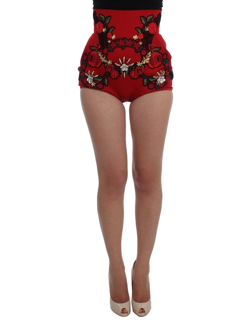Red Silk Crystal Roses Shorts