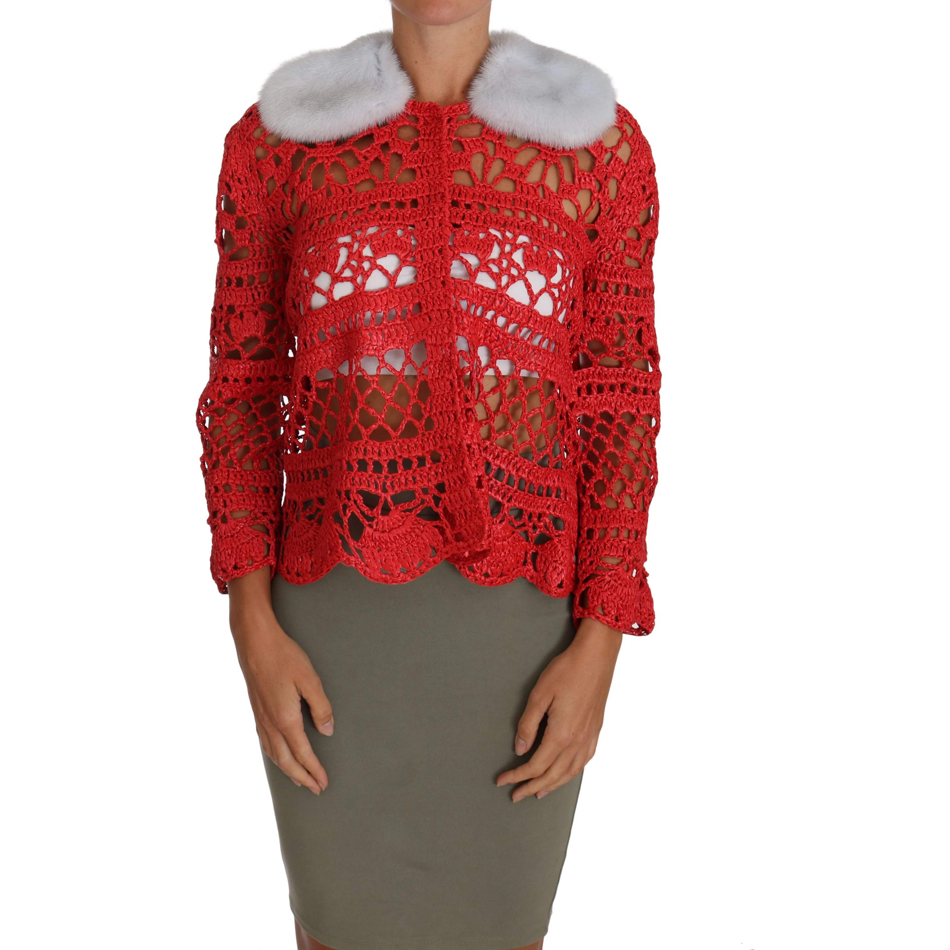 Red Cardigan Crochet Knit Raffia Sweater