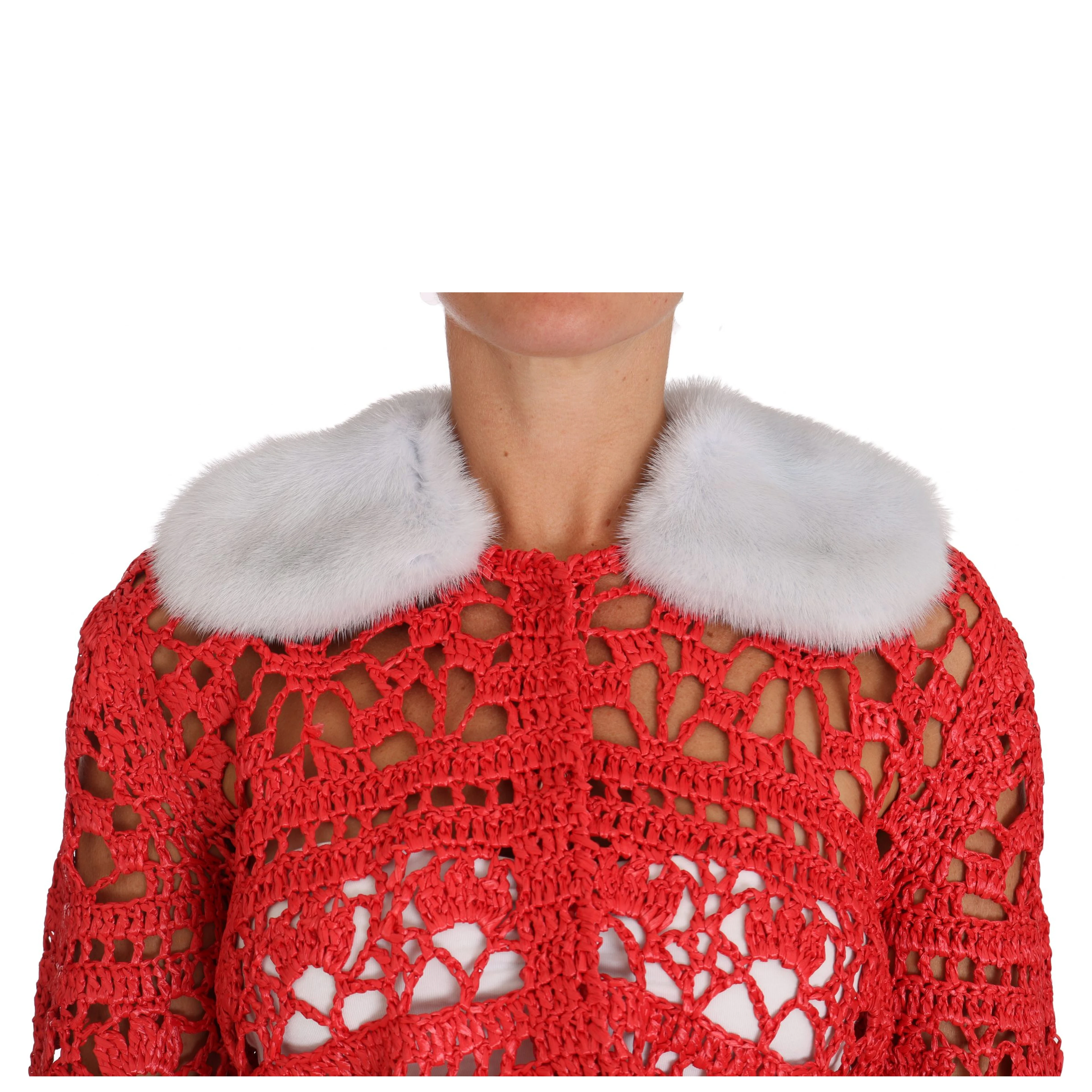 Red Cardigan Crochet Knit Raffia Sweater