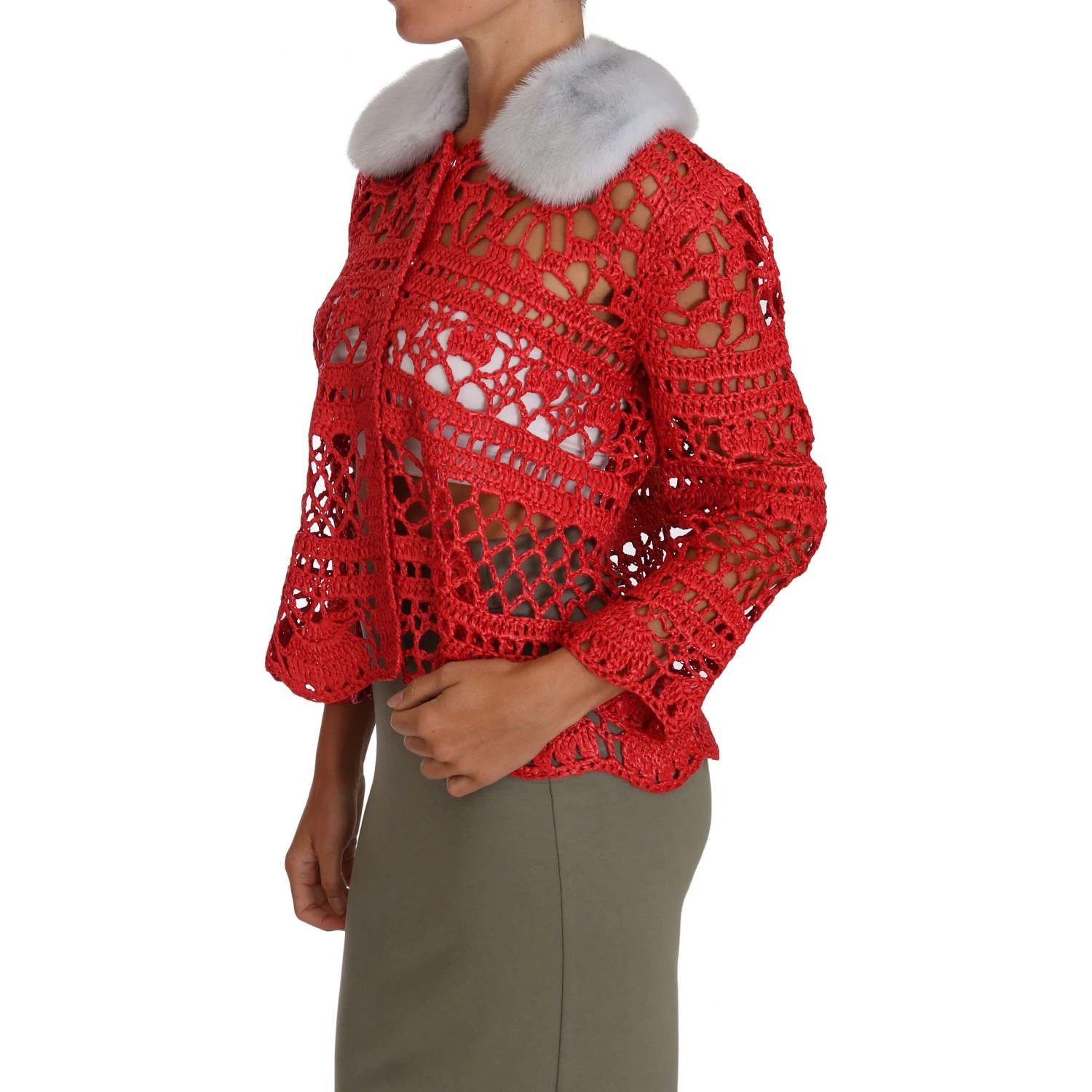 Red Cardigan Crochet Knit Raffia Sweater