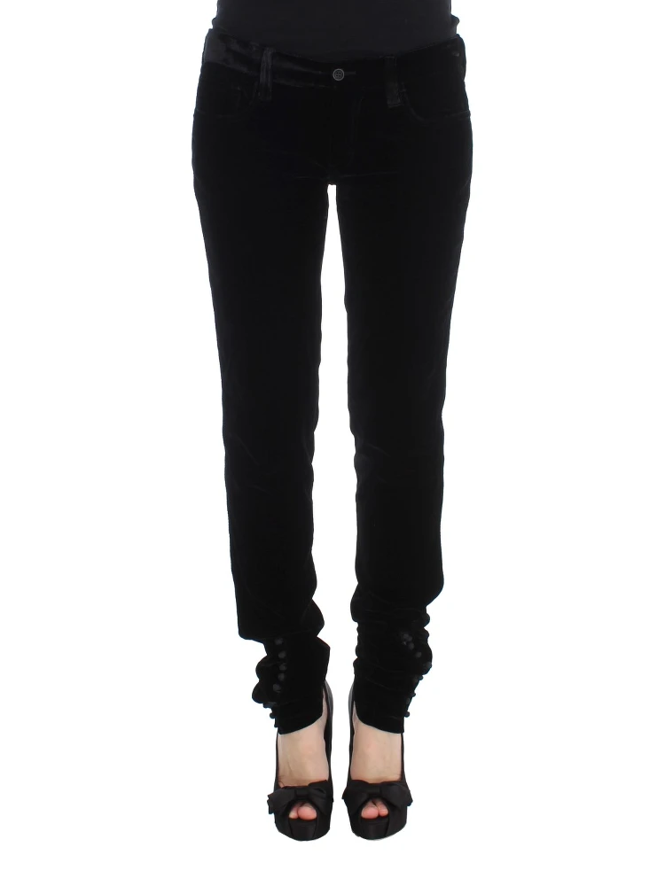Black Viscose Blend Velvet Slim Fit Pants