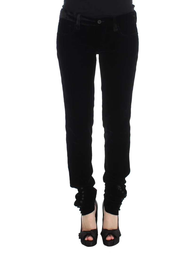 Black Viscose Blend Velvet Slim Fit Pants